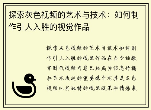 探索灰色视频的艺术与技术：如何制作引人入胜的视觉作品